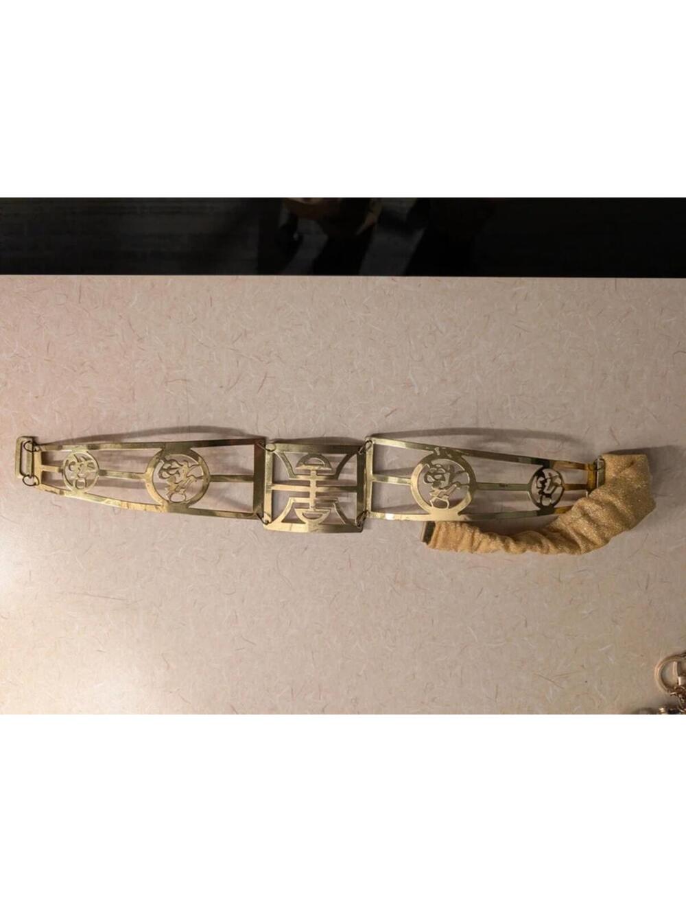 Vintage Gold Brass Metal Geometric Statement Belt Chinese Characters Accessory - Picture 4 of 8